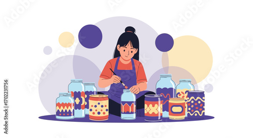 Artistic Woman Crafting Decorations with Hand Painted Glass Jars, Creative Artistic Endeavor
