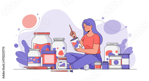 Artistic Woman Seated, Painting With Array Of Jars, Creative Process Illustration