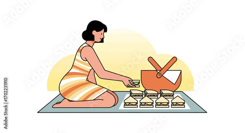 A woman preparing a picnic lunch with sandwiches and a picnic basket on a blanket