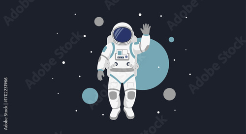 Astronaut Floating In The Vast Cosmos, Waving, Space Exploration Illustration