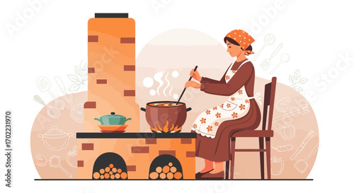 A Woman Preparing Food Over A Fireplace, Cooking In A Rustic Kitchen Setting