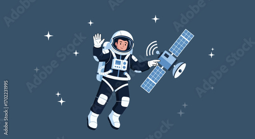 Astronaut waving in space near satellite and stars with a deep blue background