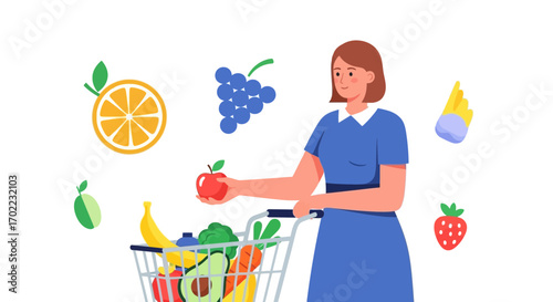 A woman shopping for healthy groceries, fruits and vegetables in a supermarket cart