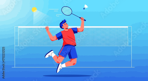 Athlete Executes Badminton Shot In Lively Illustrated Scene, Hitting Shuttlecock, Sporty Vibe