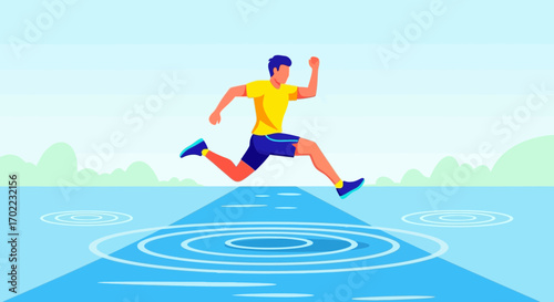 Athlete Exercising, Running and Jumping Across Water, Achieving Athletic Goals With Vigor