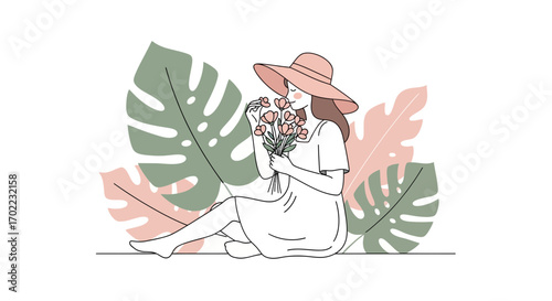 A Woman Smelling Flowers, Relaxing Among Tropical Leaves During a Sunny Day