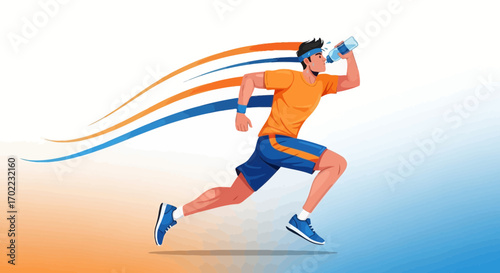 Athlete Hydrating While Running With Dynamic Streamers Over Gradient Backdrop Art