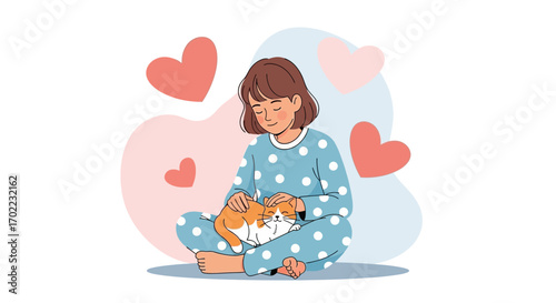 A woman sitting with a cat surrounded by hearts shows love and affection for pets
