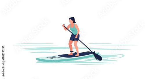 A woman stand up paddle boarding in the water, enjoying recreational activities