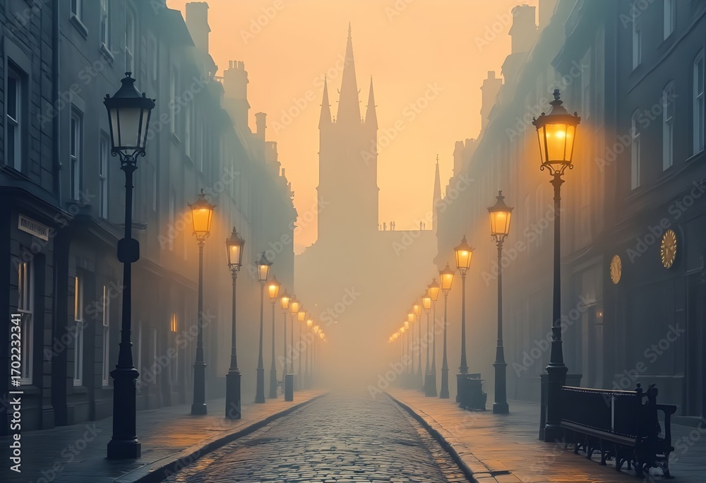 Fototapeta premium Misty Victorian Street: A Glimpse into Edinburgh's Atmospheric Charm