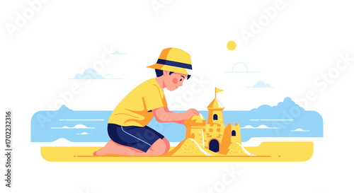A Young Boy Building a Sandcastle on the Beach During a Sunny Summer Day
