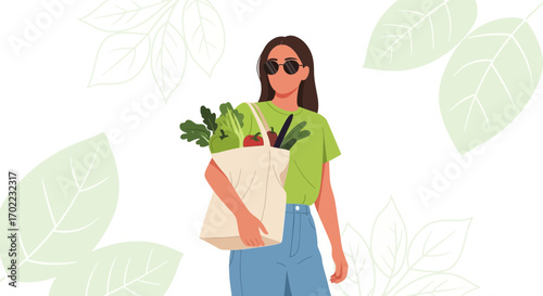 A Woman With Sunglasses Carrying Organic Groceries in a Reusable Shopping Bag