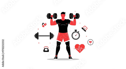 Athlete Performing Exercise With Weights Showing Healthy Heart In A Minimalist Illustration
