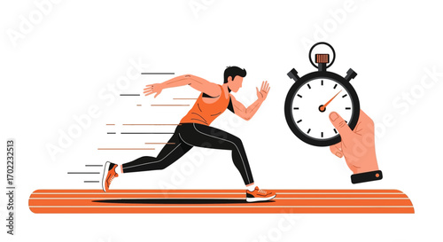 Athlete Sprinting In Race Against Time, Measured By A Stopwatch On Track, Concept Illustration
