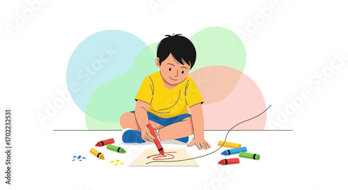 A young boy joyfully coloring with crayons expressing creativity in a colorful illustration