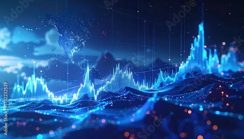 A digital visualization shows data overlaid on a stylized globe with waveform-like graphs, against a dark, moody backdrop