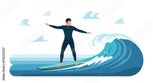 Athlete Surfing The Wave With Dynamic Balance Captured In Vibrant Illustration