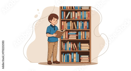 A young boy reading a book in front of a bookshelf full of literature