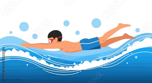 Athlete Training In Ocean, Swimming Freestyle, Reaching For Athletic Excellence, Blue Waters