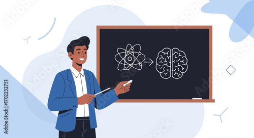 Atom And Brain Concept Illustrated By The Smiling Professor With A Chalkboard