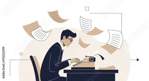 Author Working On A Composition With Floating Papers Capturing Creative Process and Ideas