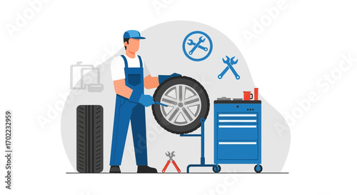 Automobile Repair Technician Changing The Tire In A Minimalist And Illustrated Style