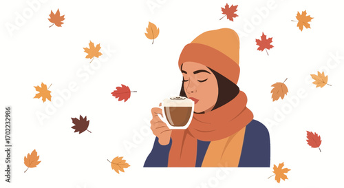 Autumn Ambiance: A Cozy Scene With Coffee, Leaves, and a Woman's Delightful Taste
