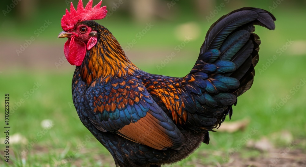 Fototapeta premium Colorful Rooster with Deep Blue, Orange, and Black Speckled Feathers and a Bright Red Comb in a Natural Setting