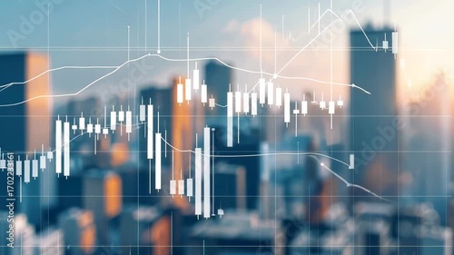 Wallpaper Mural Financial Stock Market Graph Overlay on Blurred Modern City Skyline with Tall Skyscrapers Torontodigital.ca