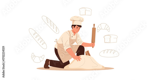 Baker kneading dough with rolling pin preparing baked goods illustration