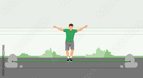 Balancing Act: A Person Equilibrium On A Rope with Landscape Background Depiction