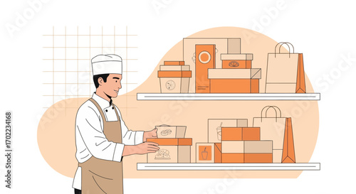 Baker Prepares Takeaway Orders With Packaged Items Displayed on Shelves Ready For Customer