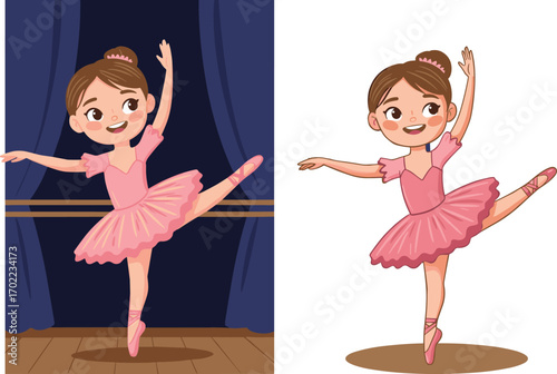 Elegant Young Ballerina Girl in Pink Tutu Performing Ballet Pose on Stage and Isolated Background for Dance Education Illustration