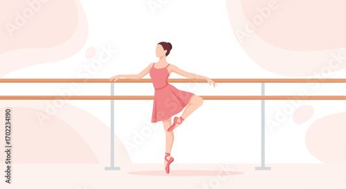 Ballerina in Pink Dress Performing Ballet Exercise Using The Bar Vector Illustration