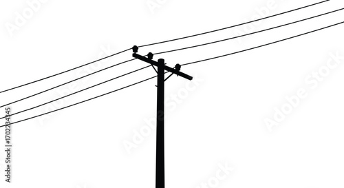 Silhouette of Utility Power Pole with Curved Electric Transmission Lines, Vector Illustration of Energy Infrastructure, High Voltage Grid for Industrial, Technology, and Electrical Concepts
