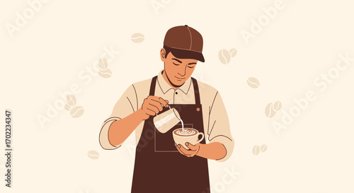 Barista Crafting Exquisite Coffee And Pouring Milk Into A Cup With Delicate Artwork