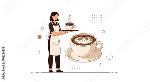 Barista Delivering Coffee Delight: Vector Illustration of Brewing, Serving And Enjoying Beverages
