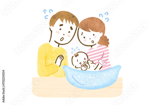 赤ちゃんの沐浴がうまくいかずに焦っている夫婦の手描きイラスト