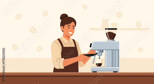 Barista Making Coffee with Espresso Machine at a Cafe Using Illustration
