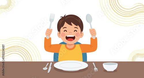 Cheerful little boy getting ready to eat a healthy and delicious meal at the table