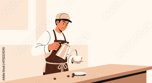 Barista pouring coffee from kettle into cup on the counter preparing coffee or drink