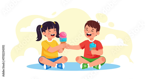 Cheerful kids enjoying ice cream cones while sitting happily together during summer time