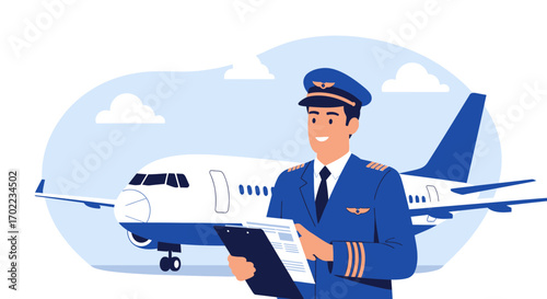 Cheerful Pilot Checking Documents Beside A Commercial Airliner On The Ground