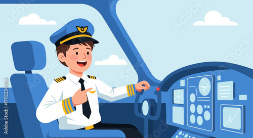 Cheerful Pilot In The Cockpit Operating The Aircraft Ready For Take Off
