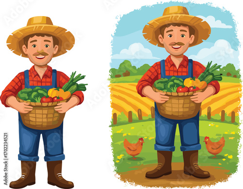 Farmer holding vegetable basket in rural farm landscape with chickens, fresh organic produce harvest concept vector illustration for agriculture