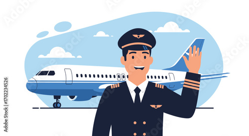Cheerful Pilot Greeting In Front Of Airplane Ready For Departure And Travel Journeys