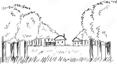 A plot of land with residential buildings in the distance on a summer meadow among trees, drawing sketch, pencil sketch in gray style, template for covers, websites, creative design for creative idea