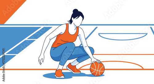 Basketball Player Dribbling Ball on Court with a Minimalist Style and Dynamic Lines