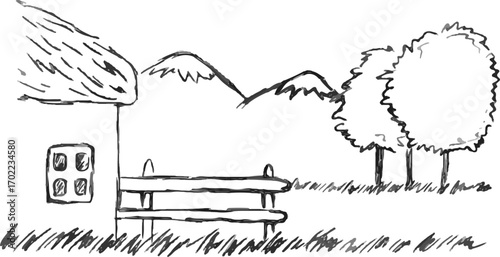 Land plot with a house with a fence in nature with a view of the mountains, drawing sketch, pencil sketch in gray style, template for covers, websites, creative design for creative idea