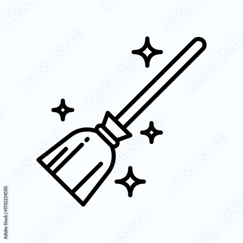 Simple Vector Icon of Broomstick and Sparkles in Black and White